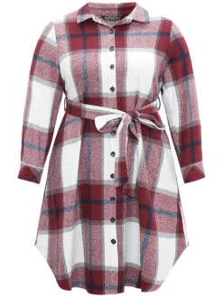 Plaid Shirt Collar Button Through Belted Dress -Bloomchic Shop 826177008 uk