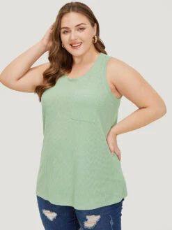 Solid Patched Pocket Waffle Knit Tank Top -Bloomchic Shop 826245389 wx
