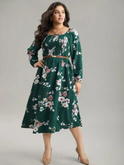 Floral Print Split Hem Pocket Shirred Dress -Bloomchic Shop 826327133 zk