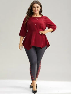 Plain Pearl Beaded Gathered Hanky Hem Blouse 12 Plain Pearl Beaded Gathered Hanky Hem Blouse -Bloomchic Shop 826741214 gx