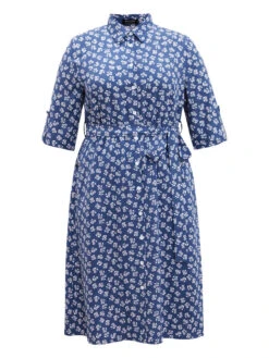Ditsy Floral Belted Button Through Tab Sleeve Dress -Bloomchic Shop 827141227 jk
