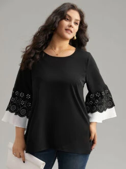 Anti-Wrinkle Laser Cut Contrast Ruffles Blouse -Bloomchic Shop 827679939 pp