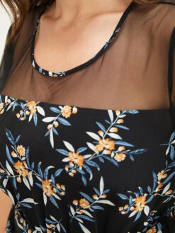 Floral Mesh Patchwork Crew Neck Pocket Belted Jumpsuit -Bloomchic Shop 829056752 ce