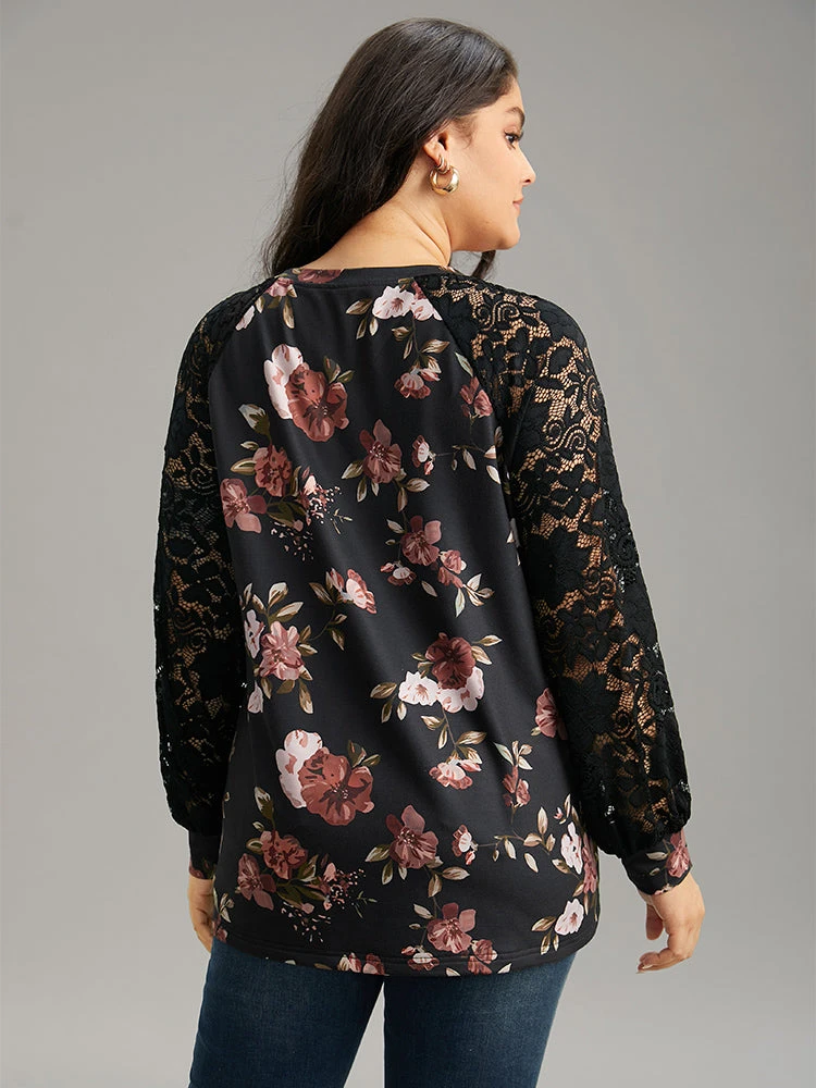 Floral Lace Panel Raglan Sleeve Sweatshirt 4 Floral Lace Panel Raglan Sleeve Sweatshirt - Image 2