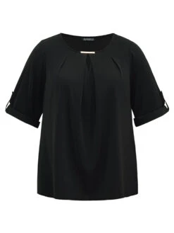 Anti-Wrinkle Buckle Detail Keyhole Tab Sleeve Blouse -Bloomchic Shop 832528331 je 543dd8a0 7319 4660 bc9f 02dbef979ab6