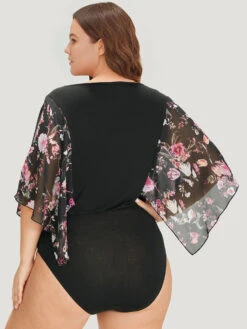 Floral Print Patchwork Mesh Asymmetrical Sleeve Bodysuit -Bloomchic Shop 833008839 wv