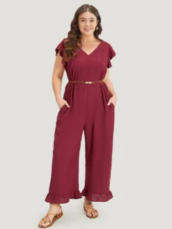 Plain Ruffle Cap Sleeve V Neck Zipper Jumpsuit -Bloomchic Shop 833979896 lv