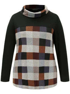 Plaid Patchwork Contrast Cowl Neck T-shirt -Bloomchic Shop 835646766 rj