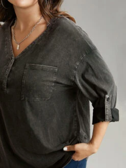 Vintage Roll Tab Sleeve Button Up T-shirt -Bloomchic Shop 836387051 xu