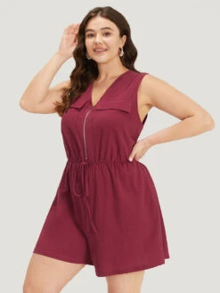Plain V Neck Pocket Zipper Drawstring Sleeveless Jumpsuit -Bloomchic Shop 836729343 ua