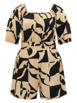 Geometric Shirred Pocket Elastic Waist Puff Sleeve Jumpsuit -Bloomchic Shop 838568358 xz 3c9f8254 4a59 44eb 863c 2d6ae263b4b3