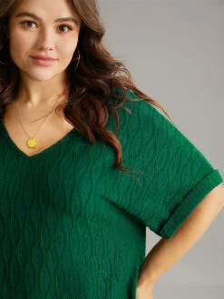 Plain Texture V Neck Roll Dolman Sleeve T-shirt -Bloomchic Shop 839528075 wr