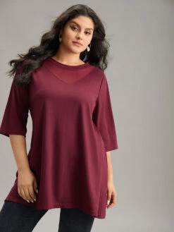 Solid Tunic Crochet Mesh Crew Neck T-shirt -Bloomchic Shop 840013202 yt