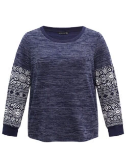 Boho Print Patchwork Heather Rib Knit Sweatshirt -Bloomchic Shop 840284978 gi