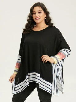 Striped Patchwork Colorblock Contrast Crew Neck Sweatshirt -Bloomchic Shop 841514718 da