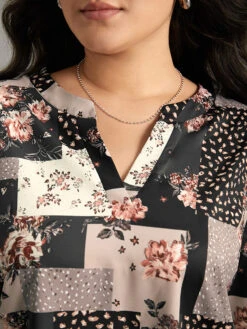 Floral Colorblock Contrast Tab Sleeve Blouse -Bloomchic Shop 841947010 lr