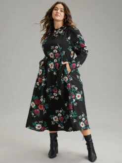 Floral Print Shirred Mock Neck Dress -Bloomchic Shop 843029607 vv