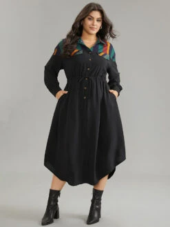 Striped Contrast Drawstring Button Detail Shirt Collar Dress