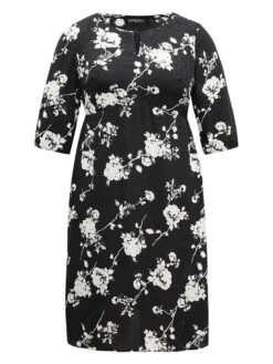 Silhouette Floral Print Texture Keyhole Lantern Sleeve Dress -Bloomchic Shop 843381254 uj