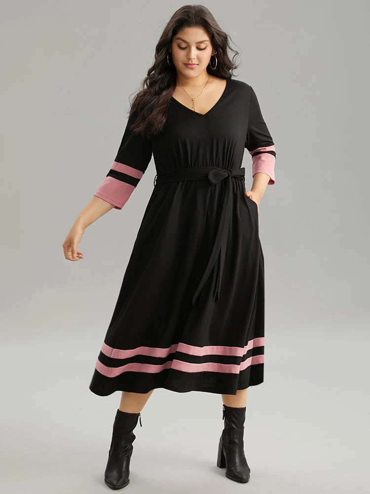 Colorblock Contrast Elastic Waist Pocket Belted Dress 3 Colorblock Contrast Elastic Waist Pocket Belted Dress