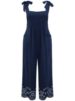 Solid Pleated Patched Pocket Laser Cut Overall Jumpsuit -Bloomchic Shop 844253291 st