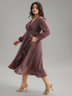 Plain Glitter Overlap Collar Ties Arc Hem Dress -Bloomchic Shop 845432542 gy