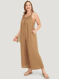 Plain Textured Pocket Halter Tie Overall Jumpsuit -Bloomchic Shop 845586683 pj