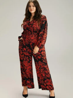 Silhouette Floral Print Notched Shirred Jumpsuit -Bloomchic Shop 845746444 is