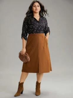 Plain Texture Elastic Waist Pocket Split Front Skirt 11 Plain Texture Elastic Waist Pocket Split Front Skirt -Bloomchic Shop 846802074 me