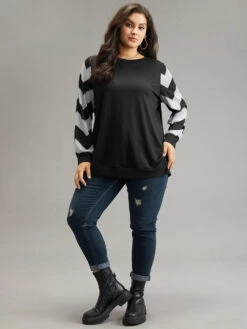 Geometric Patchwork Round Neck Sweatshirt -Bloomchic Shop 846983049 dq