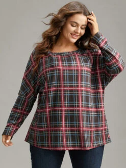 Plaid Dolman Sleeve Round Neck T-shirt