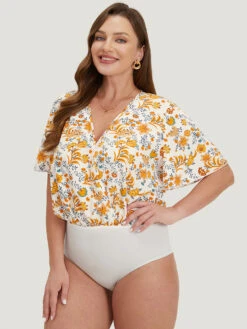 Plants Print Patchwork Surplice Neck Bodysuit -Bloomchic Shop 849219913 md