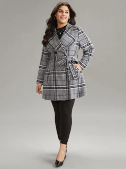 Plaid Button Up Pocket Belted Lapel Collar Coat -Bloomchic Shop 849711021 bq