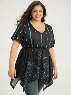 Boho Print Ruffles Hanky Hem T-shirt -Bloomchic Shop 850987815 ob