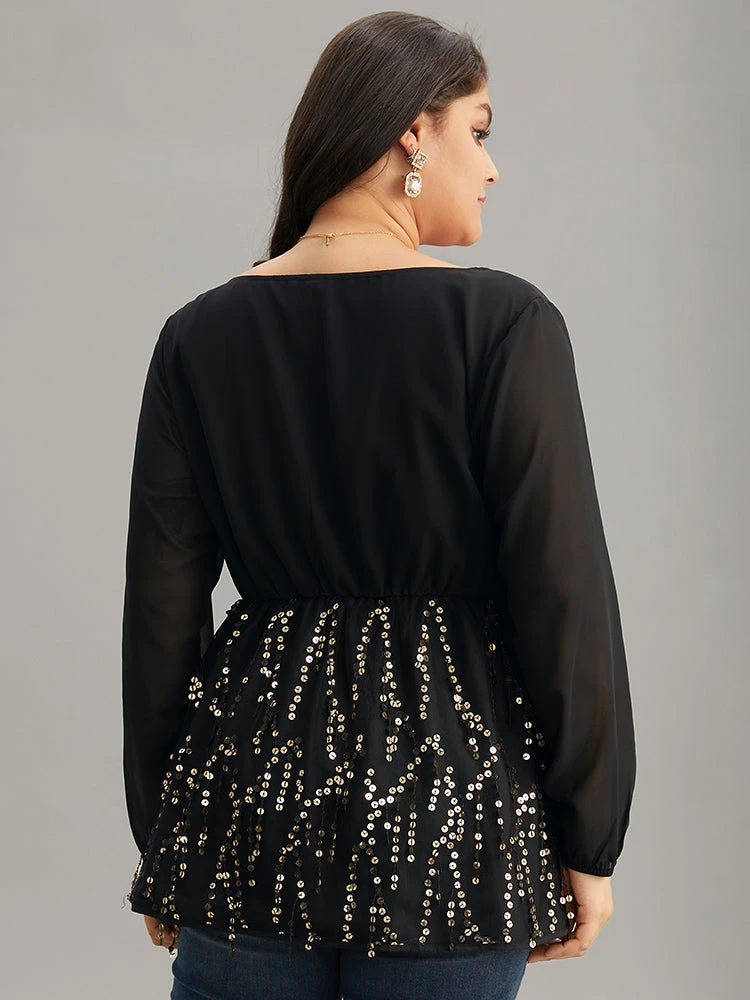 Sequin Mesh Patchwork Square Neck Blouse 5 Sequin Mesh Patchwork Square Neck Blouse - Image 3