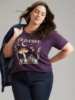 Moon & Star Plants Print Crew Neck T-shirt -Bloomchic Shop 853140869 vc