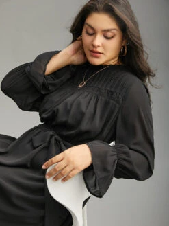 Plain Pleated Stand Collar Shirred Ruffles Dress -Bloomchic Shop 853421560 zk