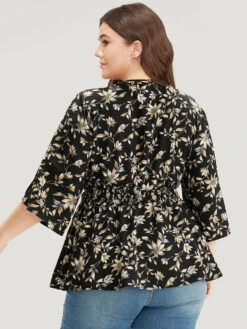 Floral Print Shirred Button Detail V Neck Petal Sleeve Blouse -Bloomchic Shop 855202246 tc 740ac6f2 b9d3 424c a004 ebcc01833a11