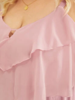 Solid Ruffle Trim Pocket Split Hem Keyhole Cami Jumpsuit -Bloomchic Shop 855868377 vv