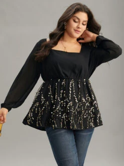 Sequin Mesh Patchwork Square Neck Blouse 12 Sequin Mesh Patchwork Square Neck Blouse -Bloomchic Shop 862519593 hw