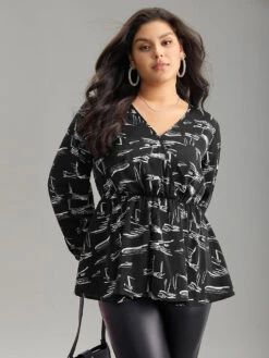 Geometric Wrap Elastic Waist Ruffle Hem Blouse -Bloomchic Shop 863087057 zu