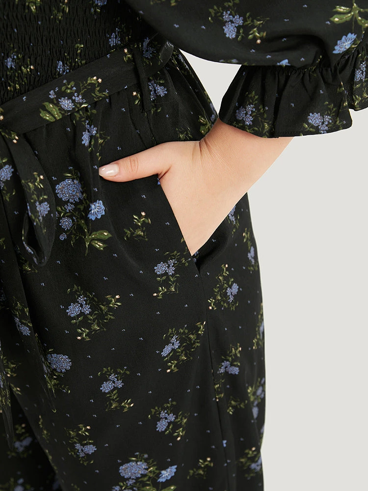 Floral Print Shirred Belted Square Neck Frill Trim Jumpsuit 8 Floral Print Shirred Belted Square Neck Frill Trim Jumpsuit - Image 6