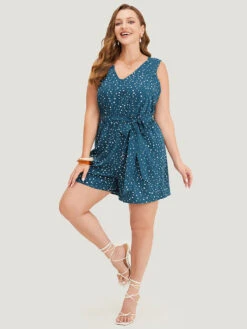 Polka Dot V Neck Pocket Sleeveless Belted Romper -Bloomchic Shop 866386417 ge