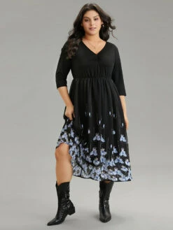 Boho Print Ruched Elastic Waist Chiffon Dress