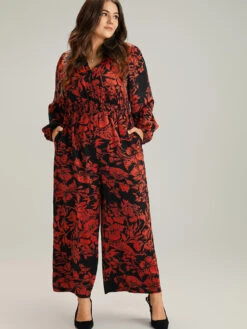 Silhouette Floral Print Notched Shirred Jumpsuit -Bloomchic Shop 870088014 fk