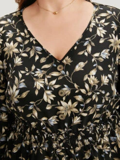 Floral Print Shirred Button Detail V Neck Petal Sleeve Blouse -Bloomchic Shop 870438730 ll 7f4eeeb6 476e 49bd b2d1 510af9ff6130