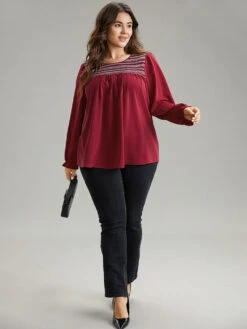 Contrast Trim Plicated Detail Flutter Sleeve Blouse -Bloomchic Shop 871132701 da