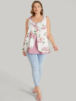 Floral Split Front Button Detail 2-In-1 Tank Top -Bloomchic Shop 871891834 qz