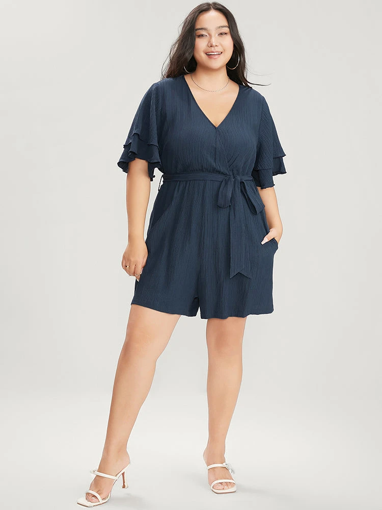 Plain Surplice Neck Ruffle Sleeve Pocket Belted Romper 4 Plain Surplice Neck Ruffle Sleeve Pocket Belted Romper - Image 2