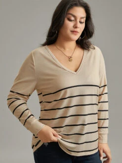 Striped Print V Neck T-Shirt -Bloomchic Shop 872561180 uk
